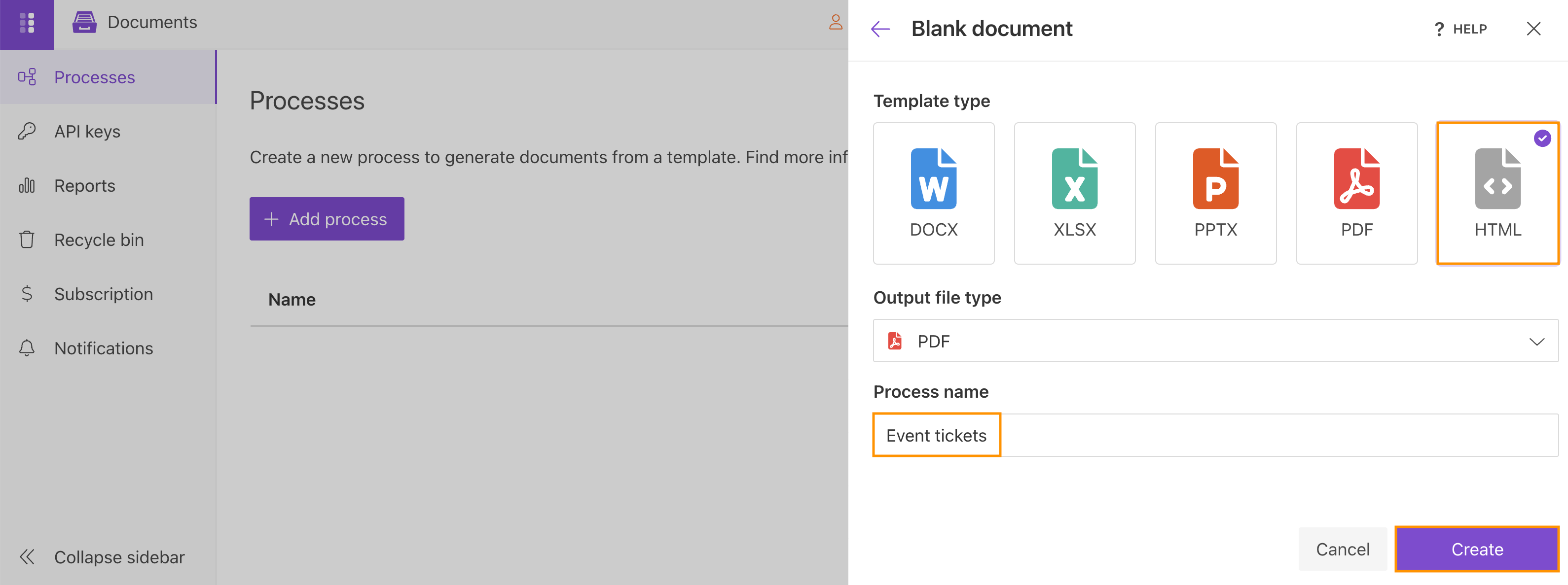Create process with HTML template type selected