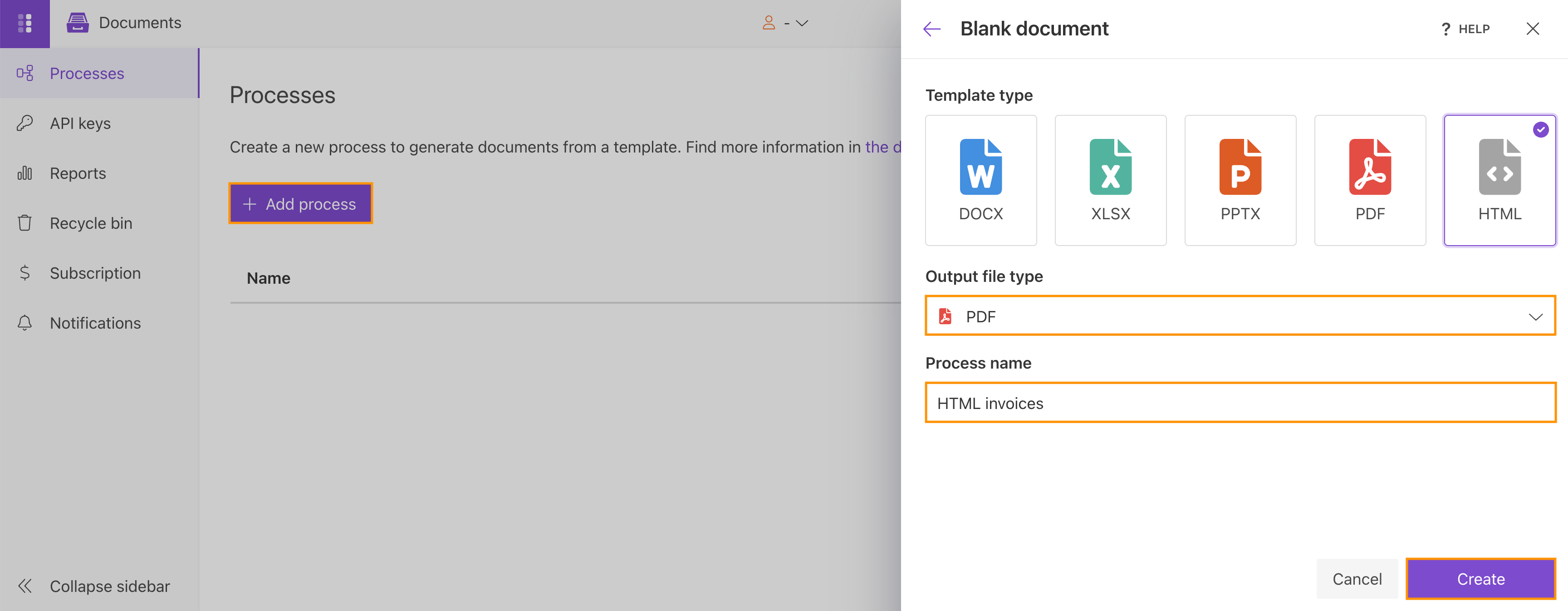 Create a process from a blank HTML template