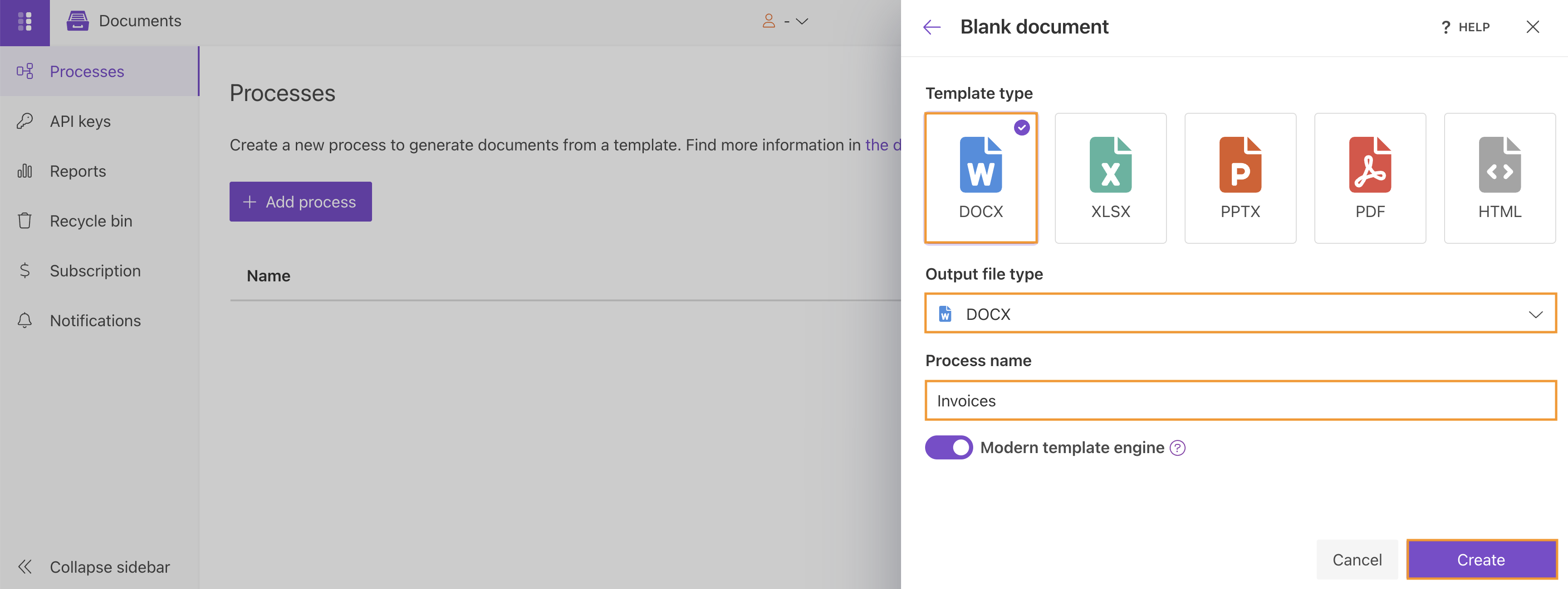 Create a new DOCX document generation process from blank with the Modern template engine