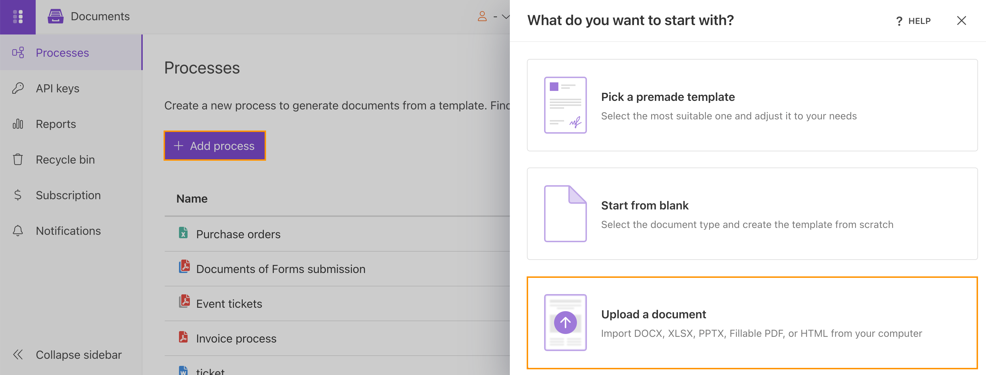 Create a new DOCX document generation process from Upload a document with the Modern template engine