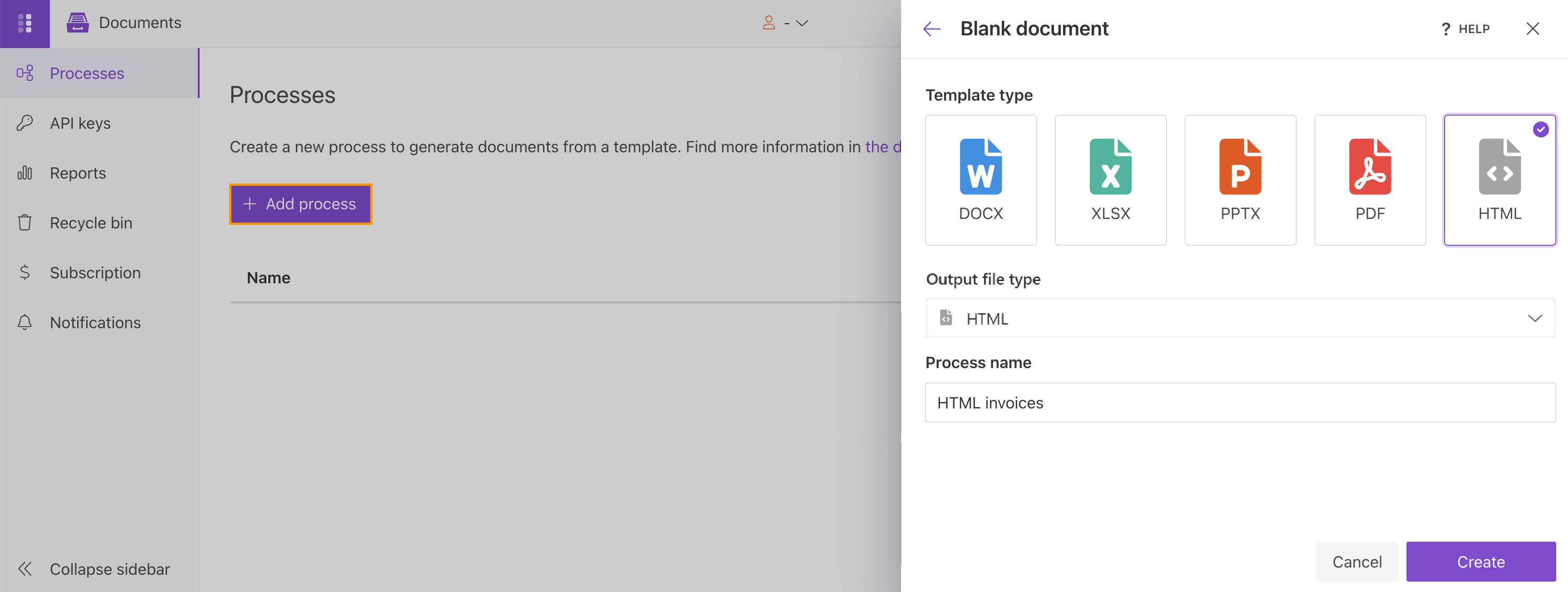 Create a blank process with HTML template and output types and a process name