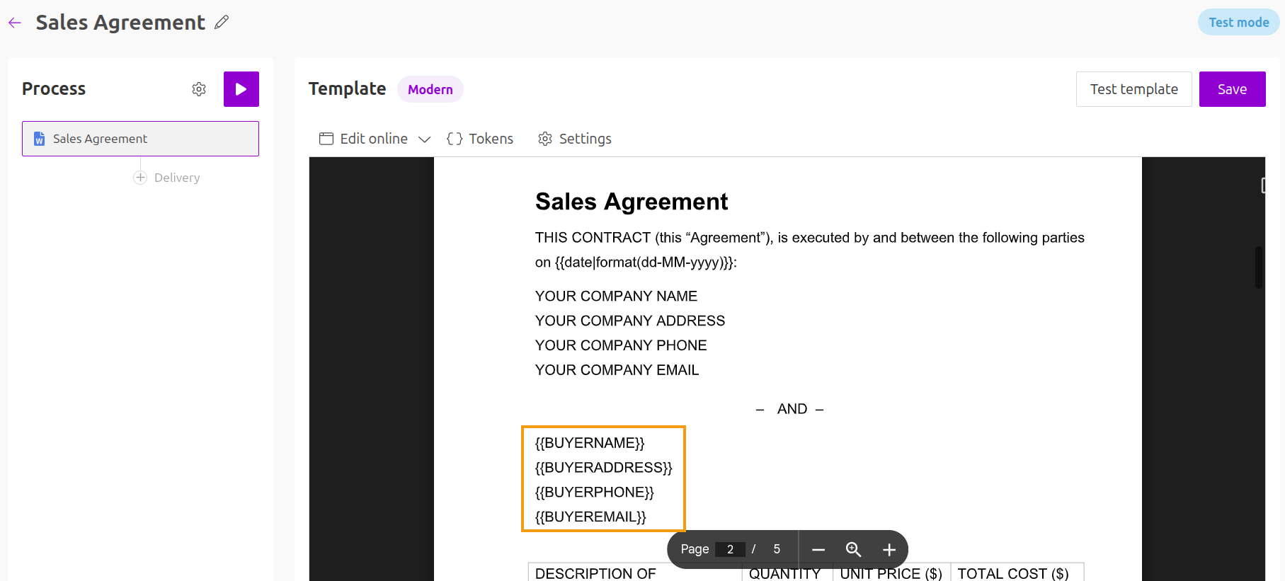 Create new process from template