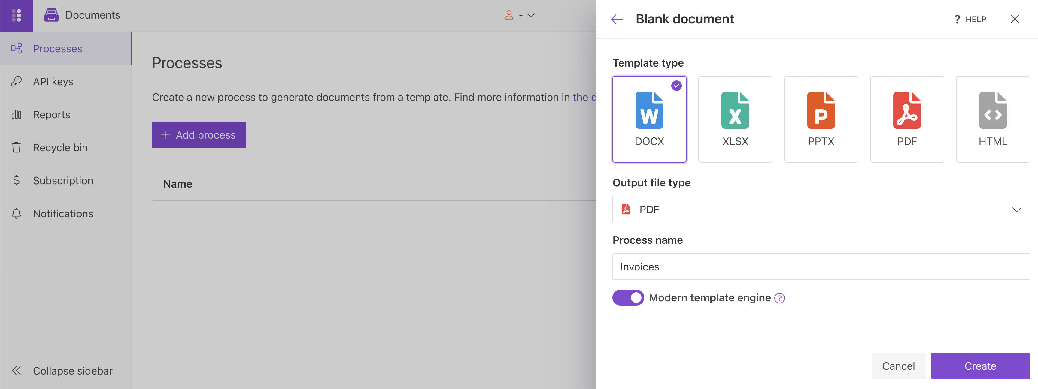 Create a new DOCX document generation process from blank with the Modern template engine