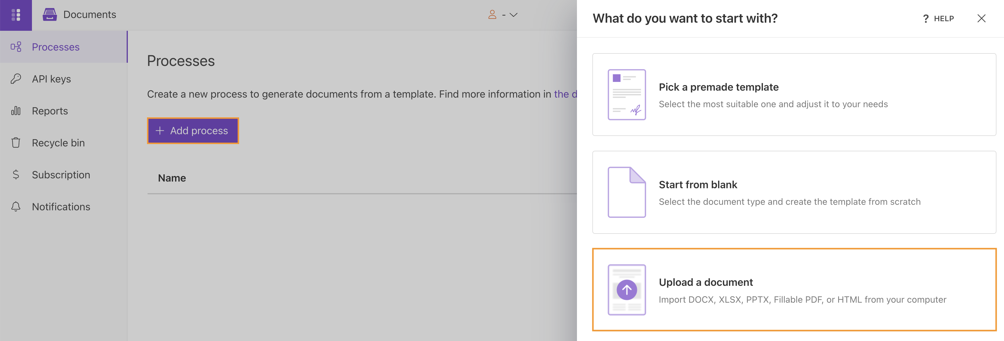Create a new PDF from DOCX generation process from Upload a document with the Modern template engine