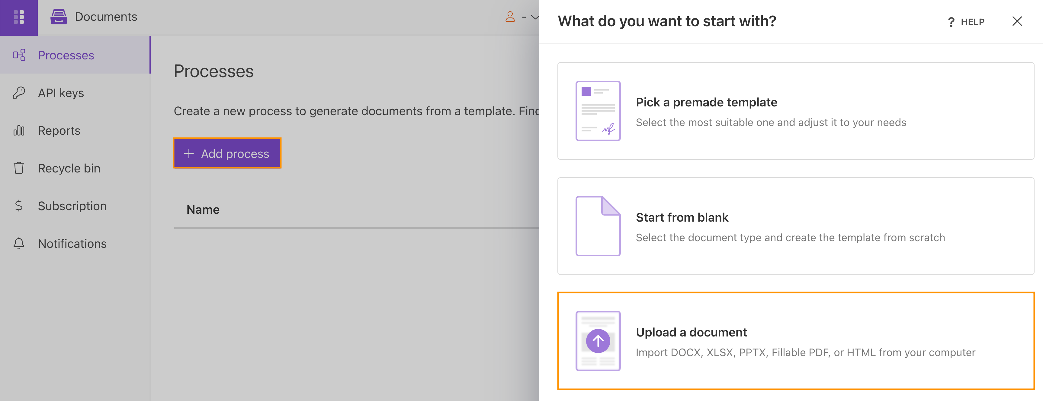Creating a Plumsail Documents process with an upload PDF template