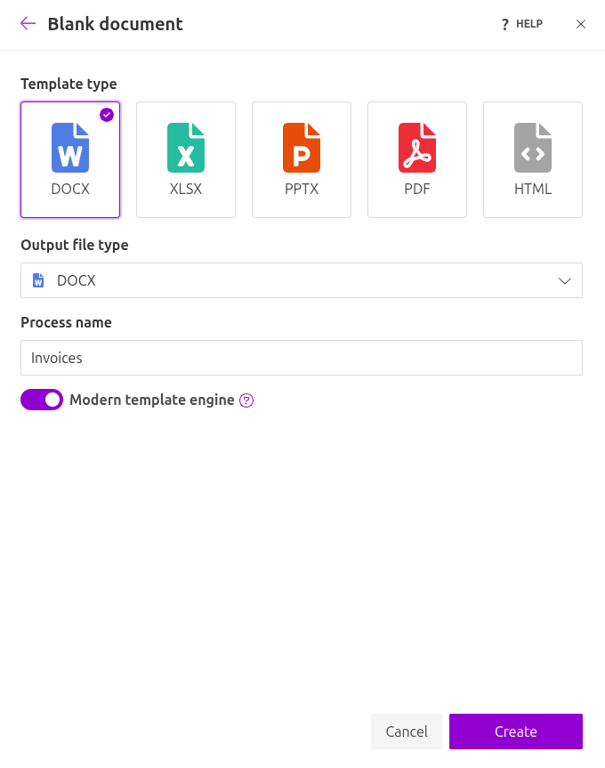 Create a new document generation process from blank