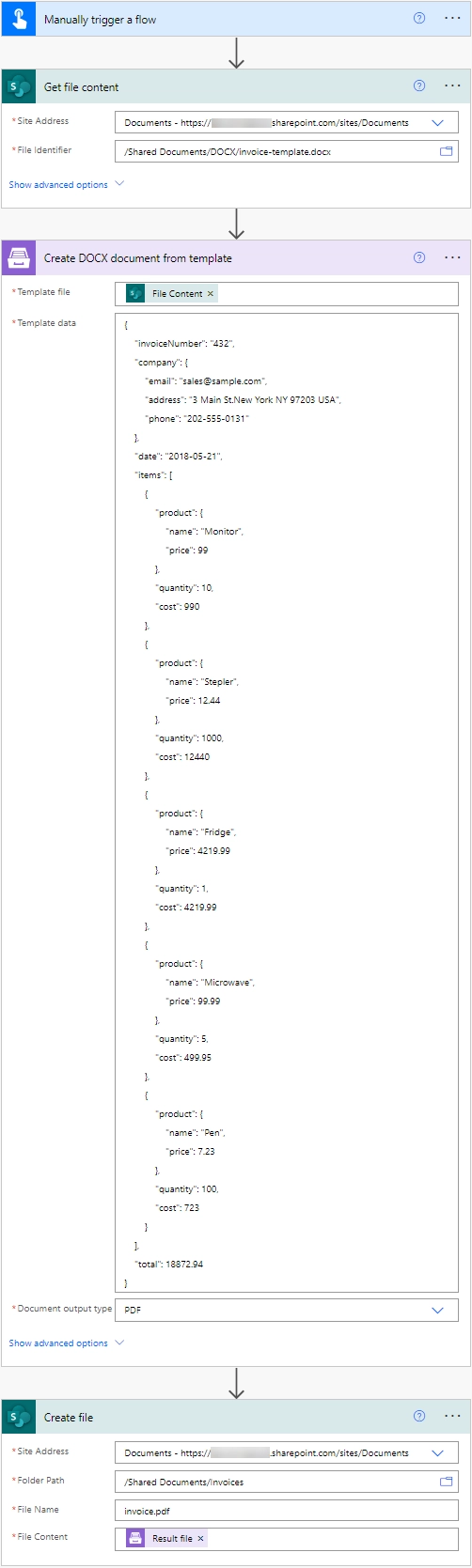 Flow create PDF from DOCX template