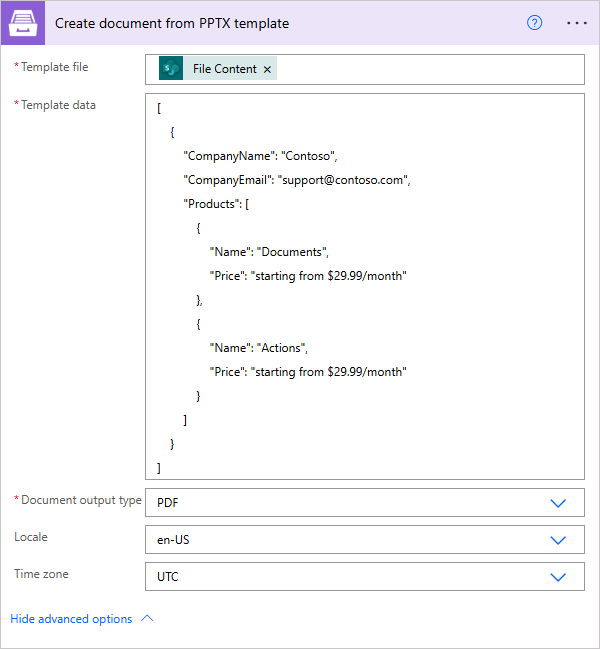 Create document from PPTX template example