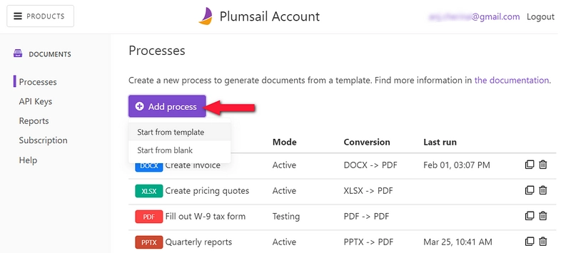 Create process button