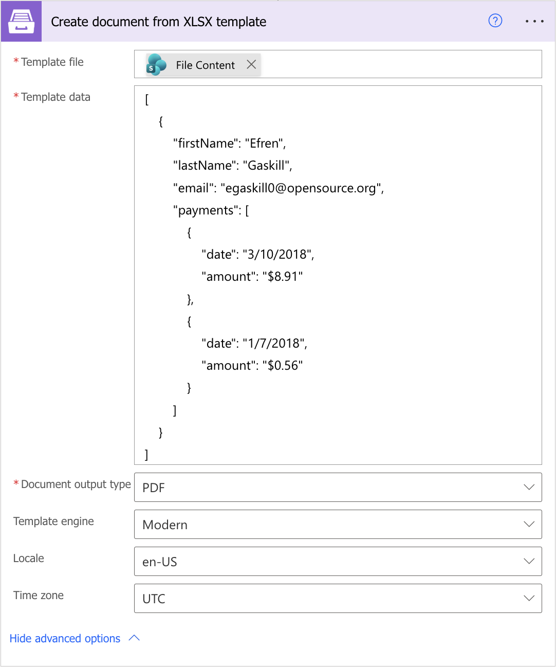 Create document from XLSX template example
