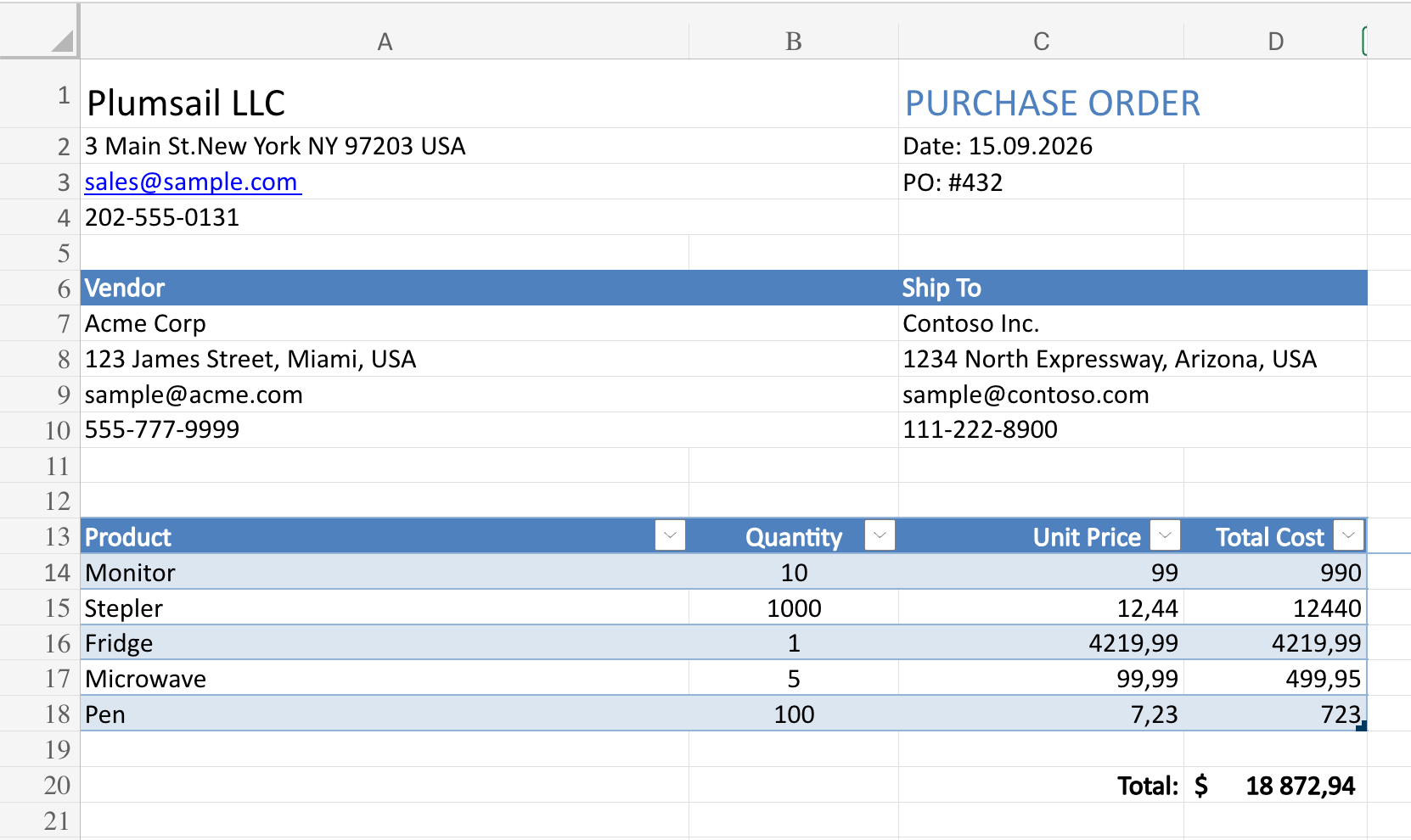 Generated purchase order from an XLSX template