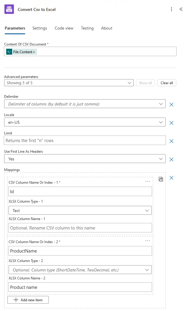 Csv to Excel flow