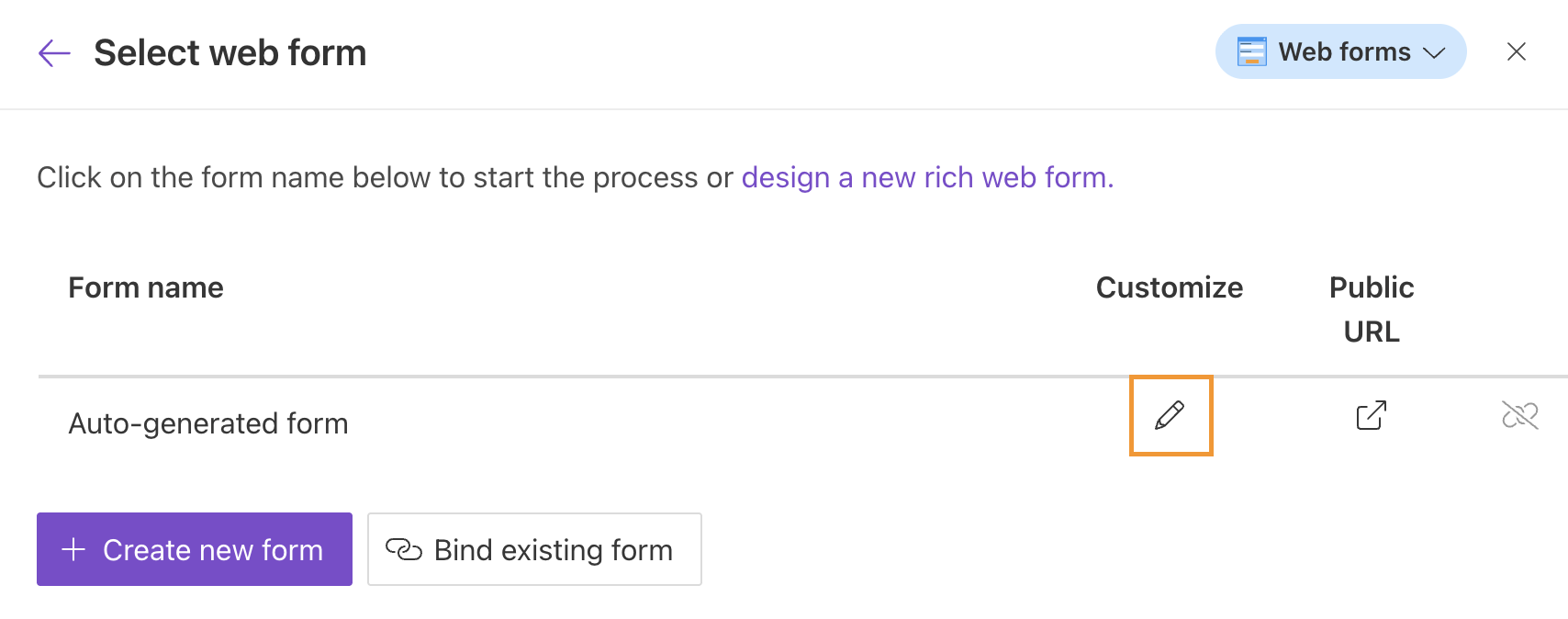 Edit auto-generated form settings