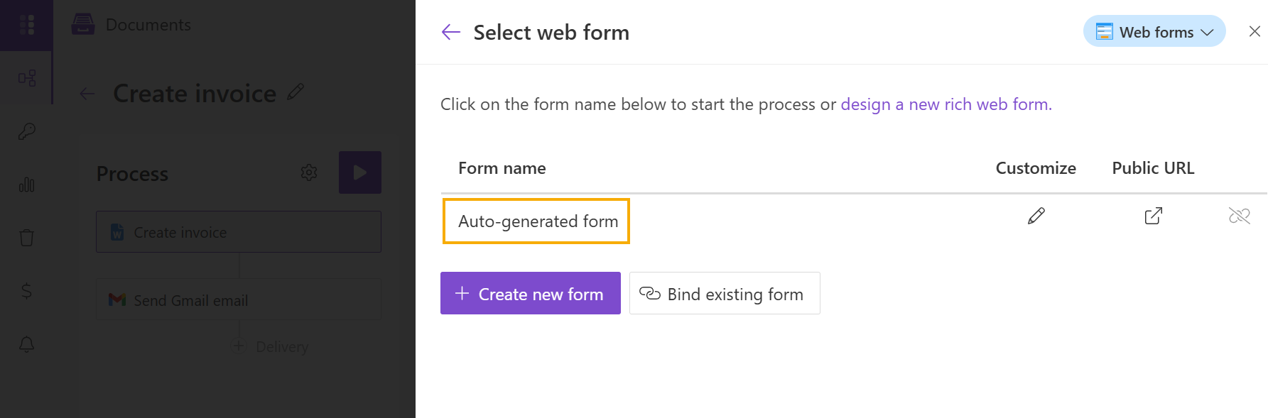 Select auto-generated form linked to process