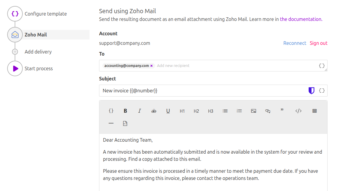 Delivery configuration using Zoho Mail and cloud storage