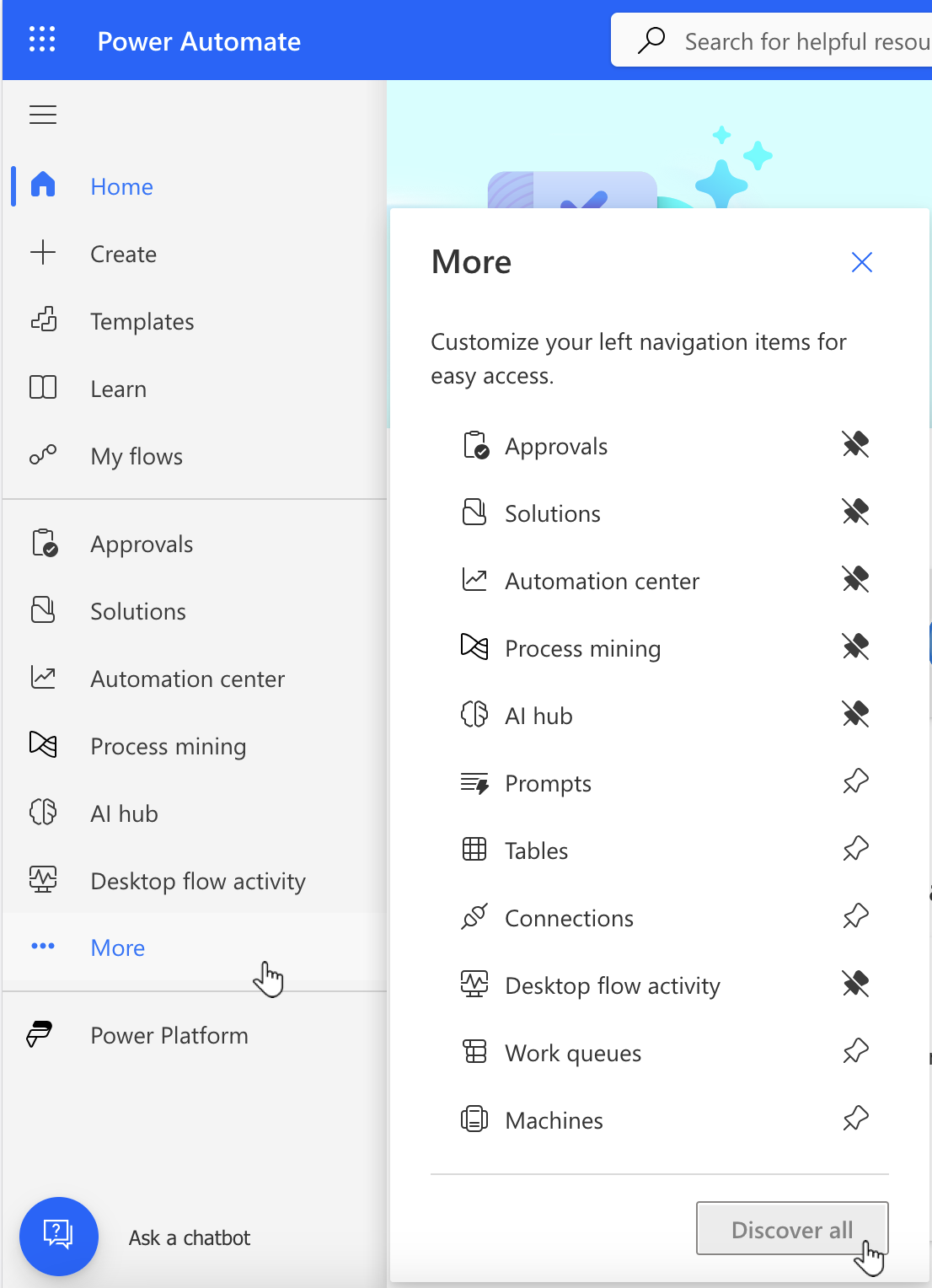 Power Automate (Microsoft Flow) discover menu