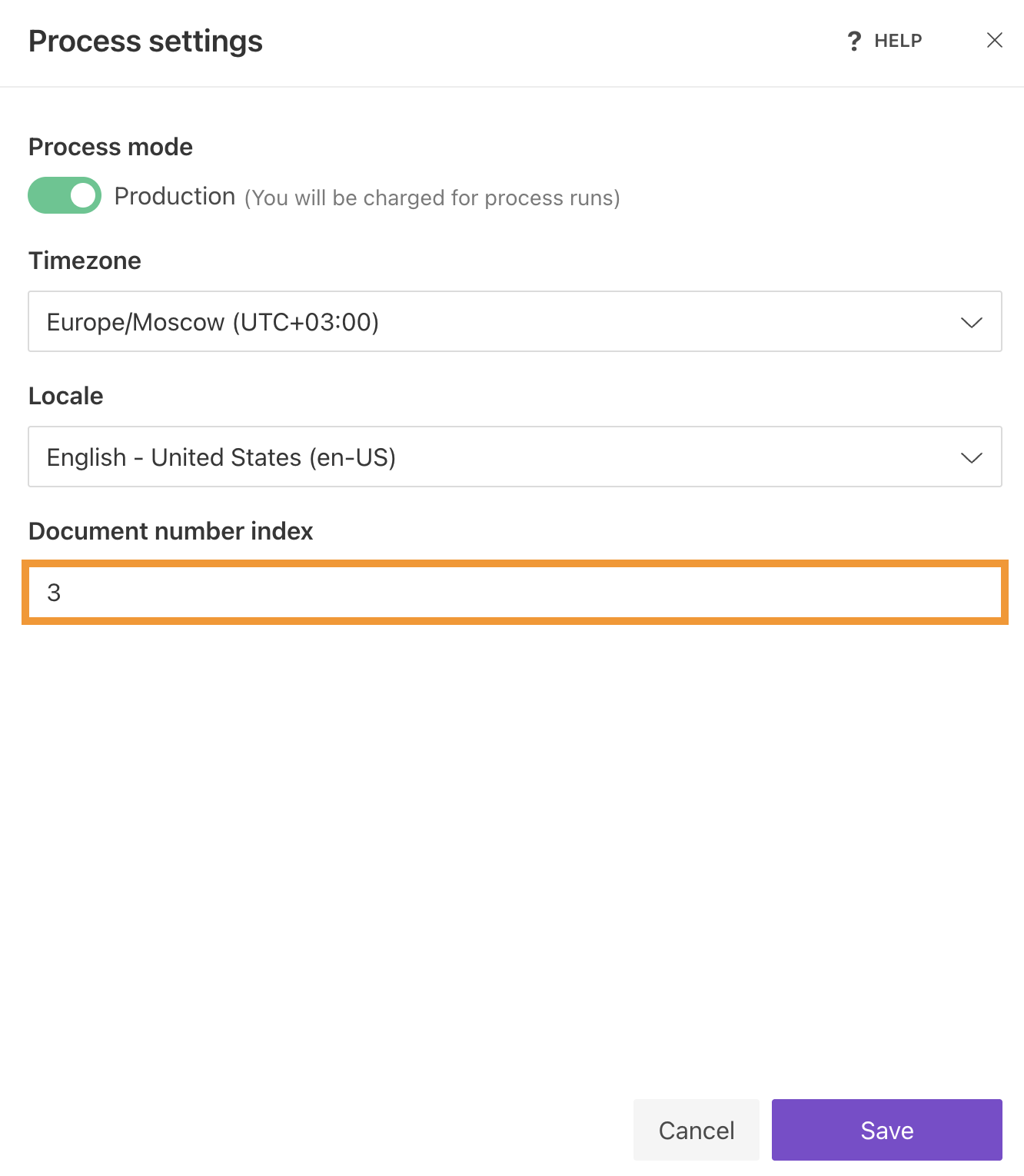 Process settings with document number index