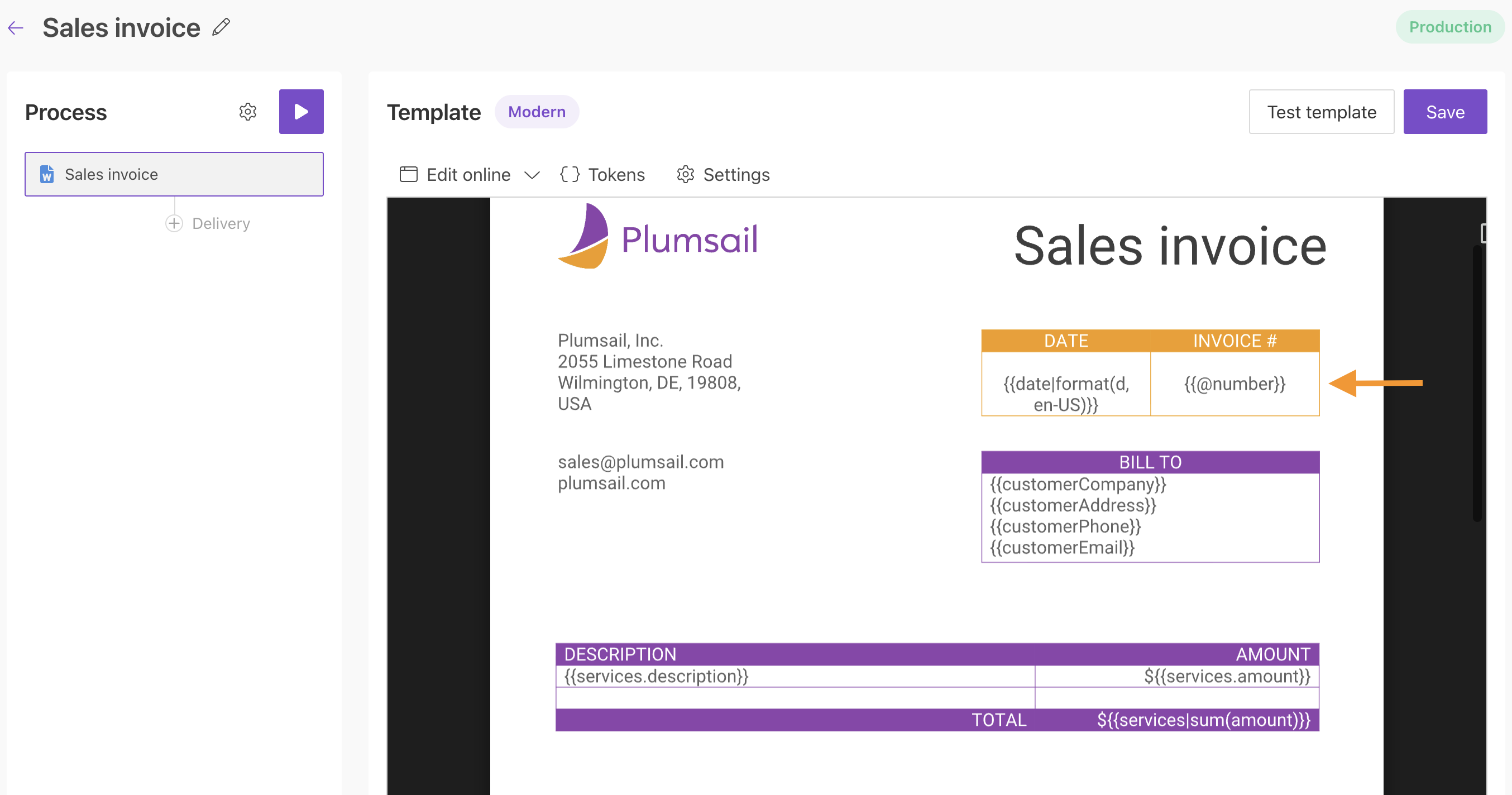 The token in a template