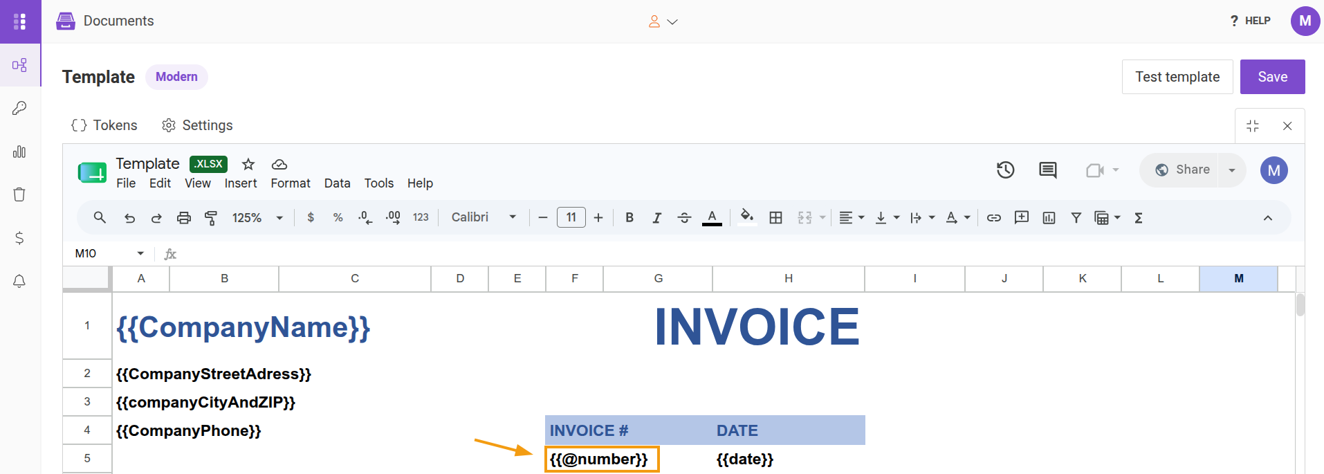 Excel XLSX template containing the {{@number}} token
