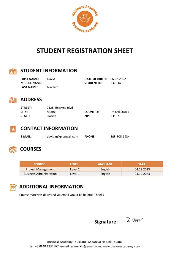 Student registration sheet automatically populated and signed with Ink Sketch