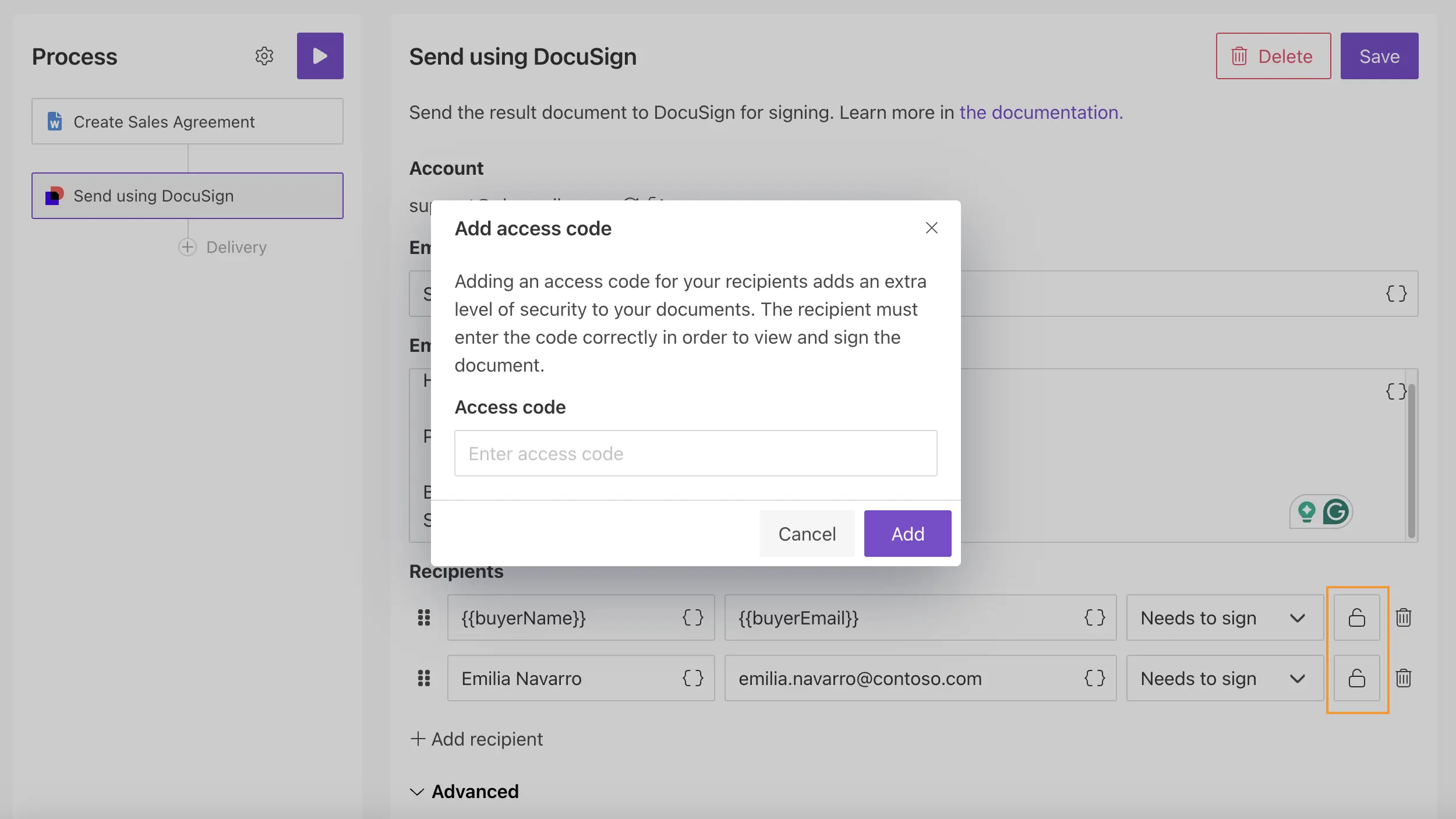 DocuSign delivery access code