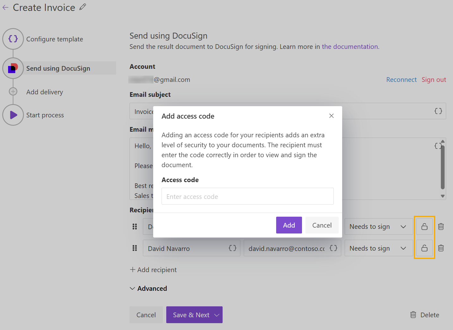 DocuSign delivery access code