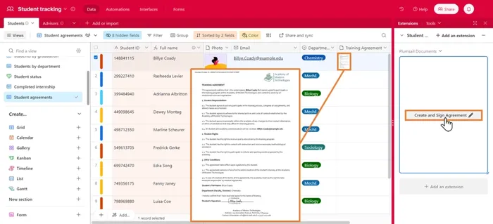 Signed agreement attached to the Airtable record after generating it with the extension