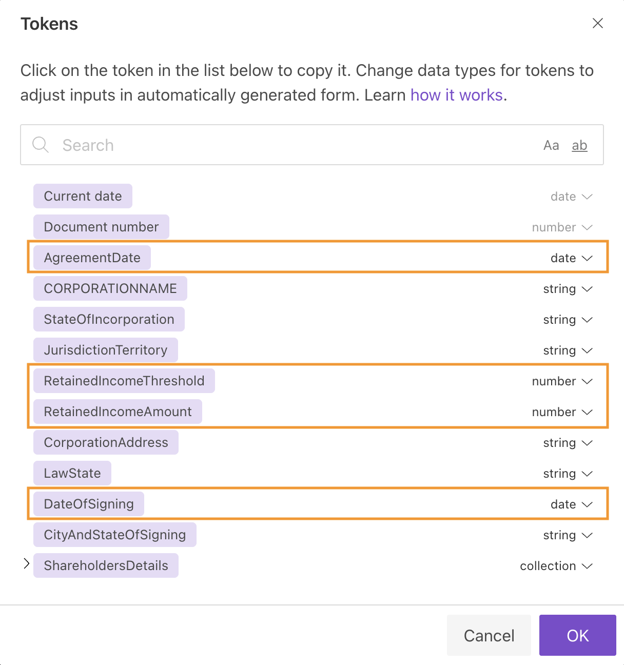 Change token types in template