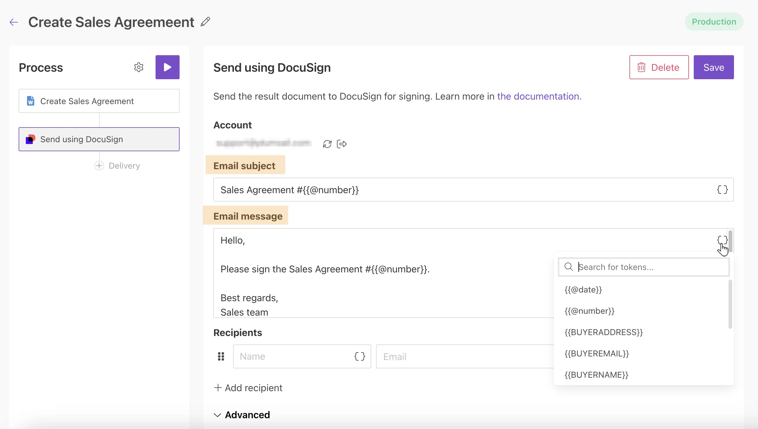 Fill in email subject and body in DocuSign delivery