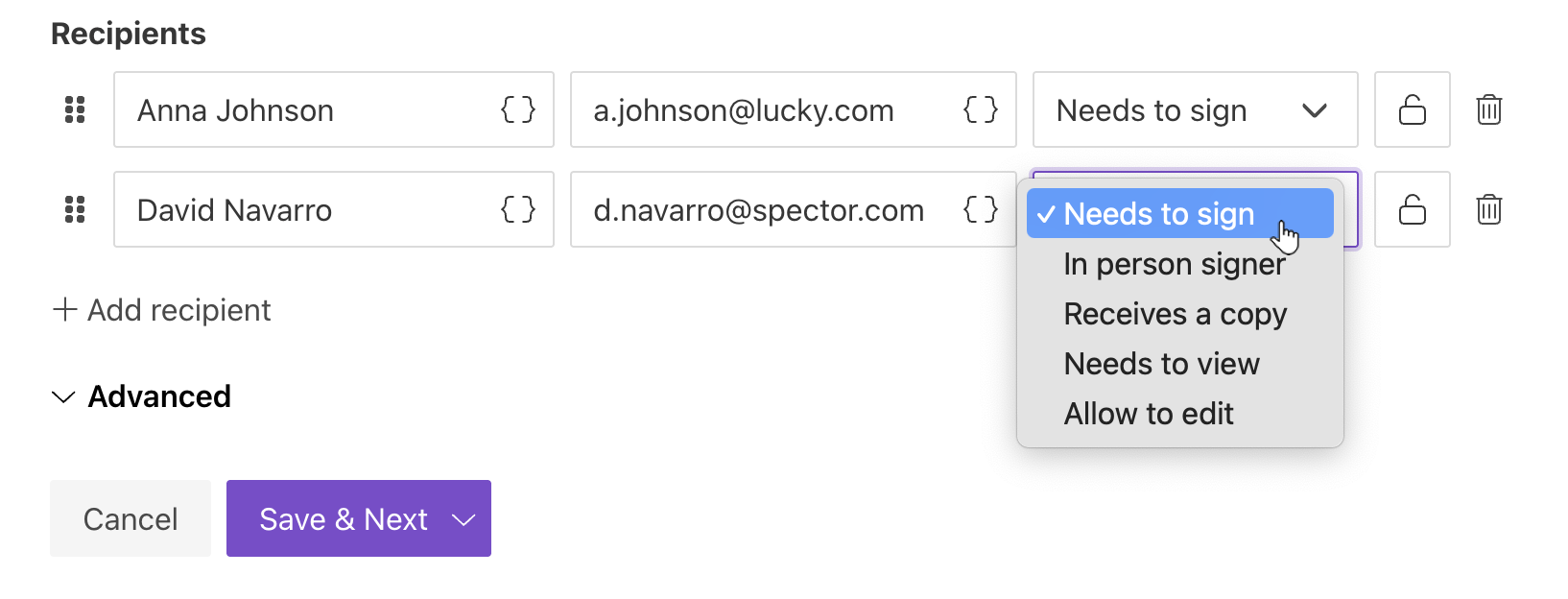 Add recipients and assign their roles
