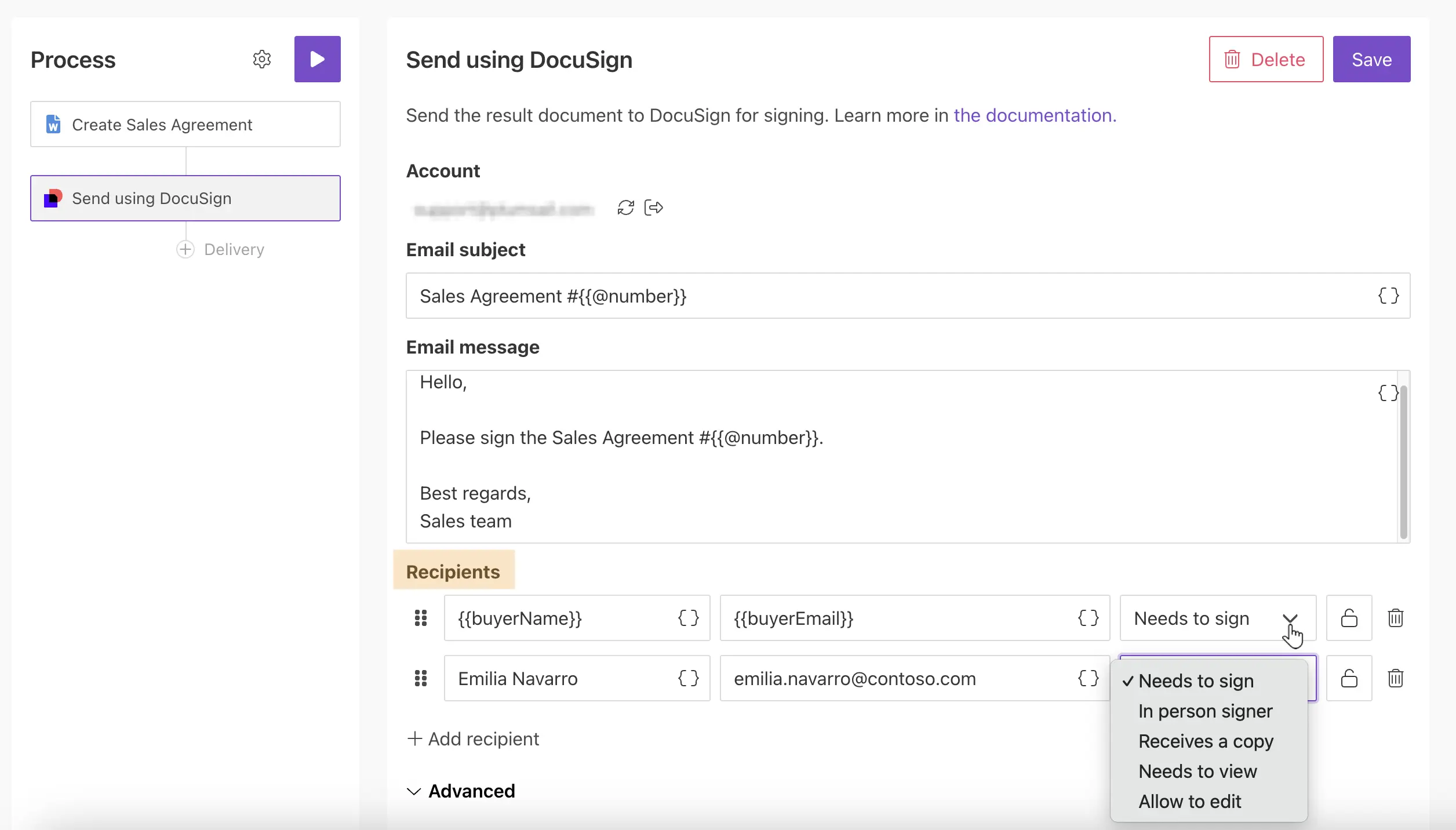 Recipients and their roles in DocuSign delivery
