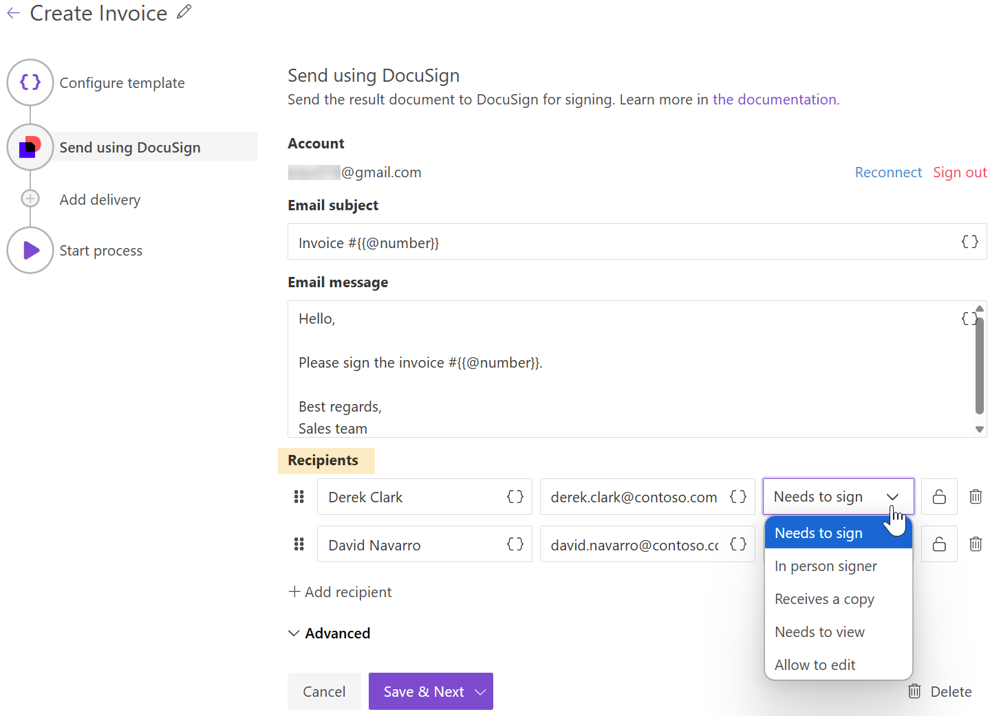 roles of recipients in DocuSign delivery
