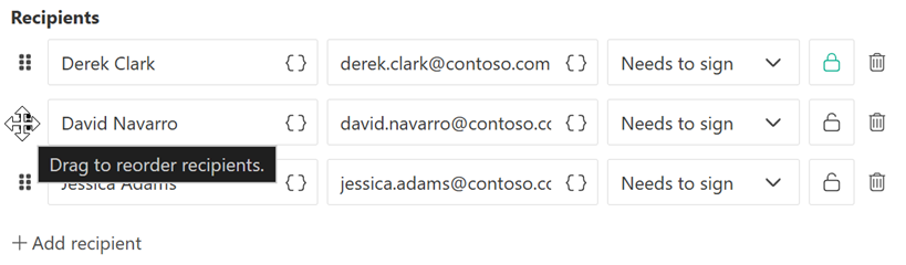 drag and drop recipients to change the sequence of signing