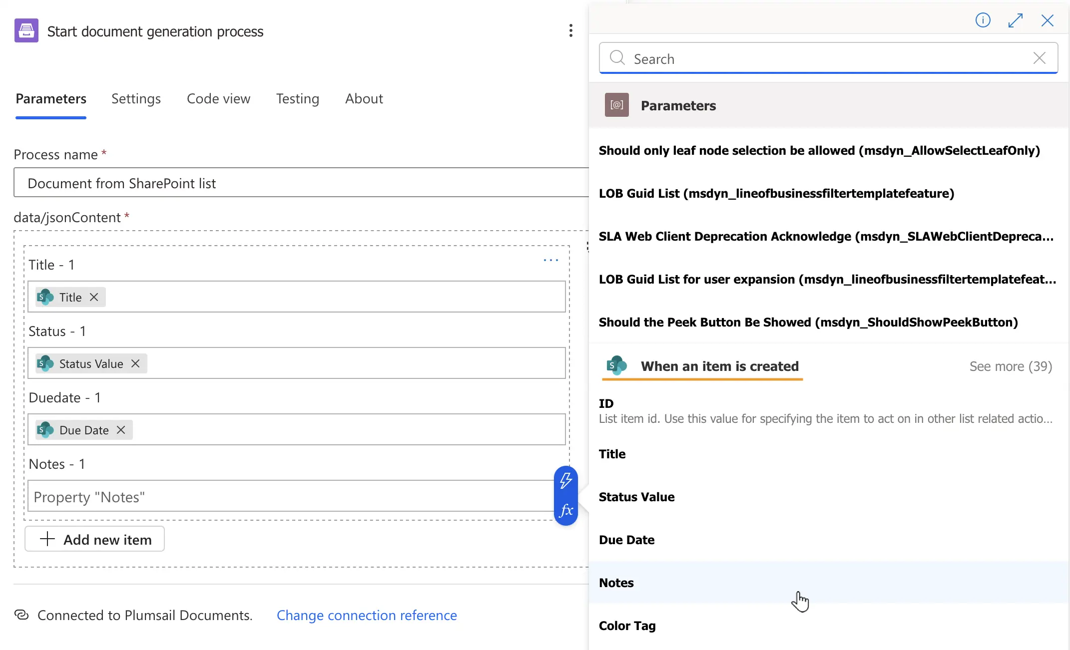 Dynamic content from SharePoint trigger for action parameters