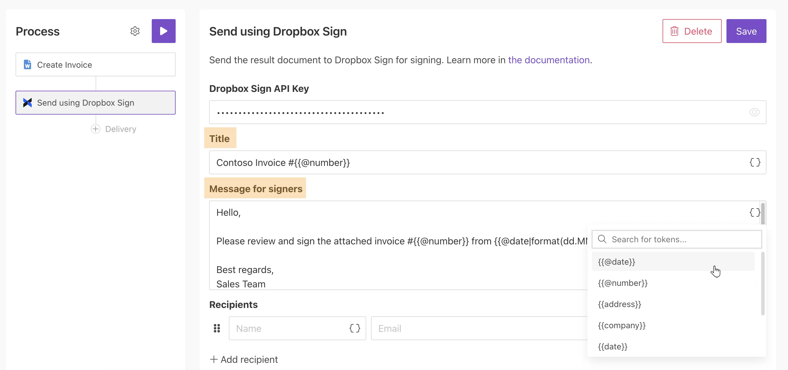 Dropbox Sign title and message for signers