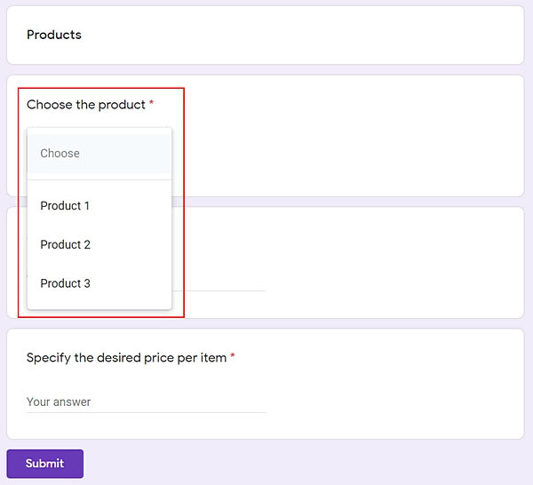 google form dropdown for selecting products
