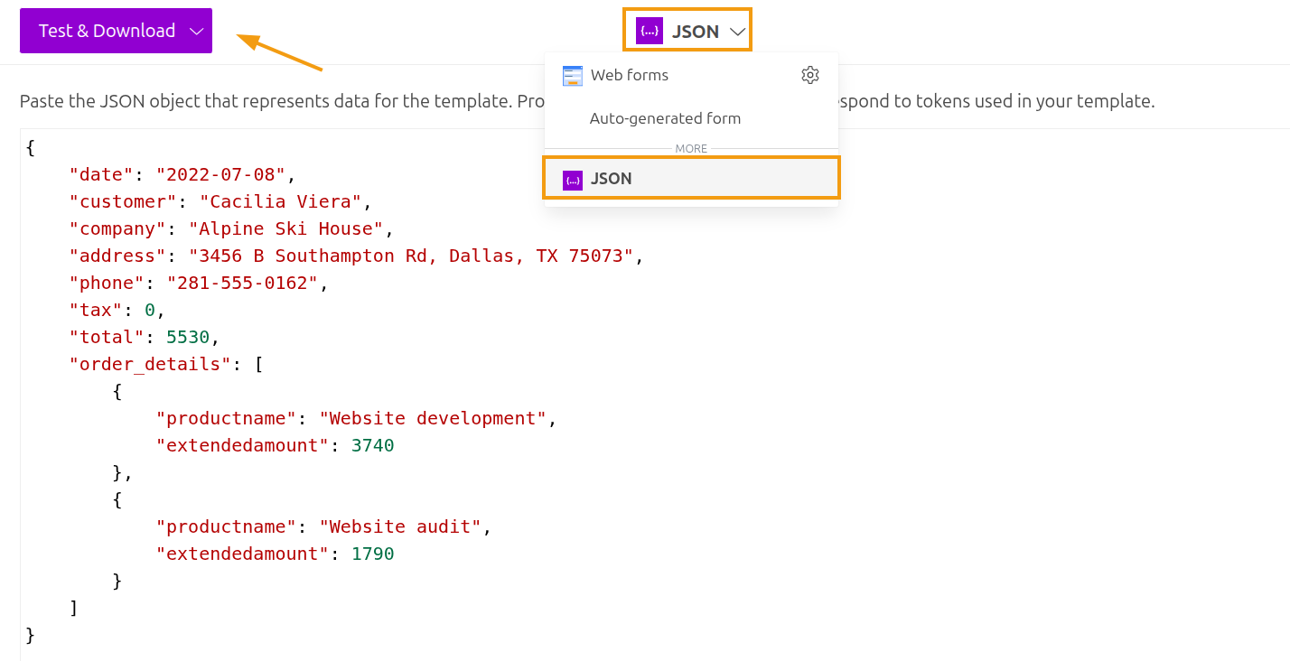 Test template with JSON