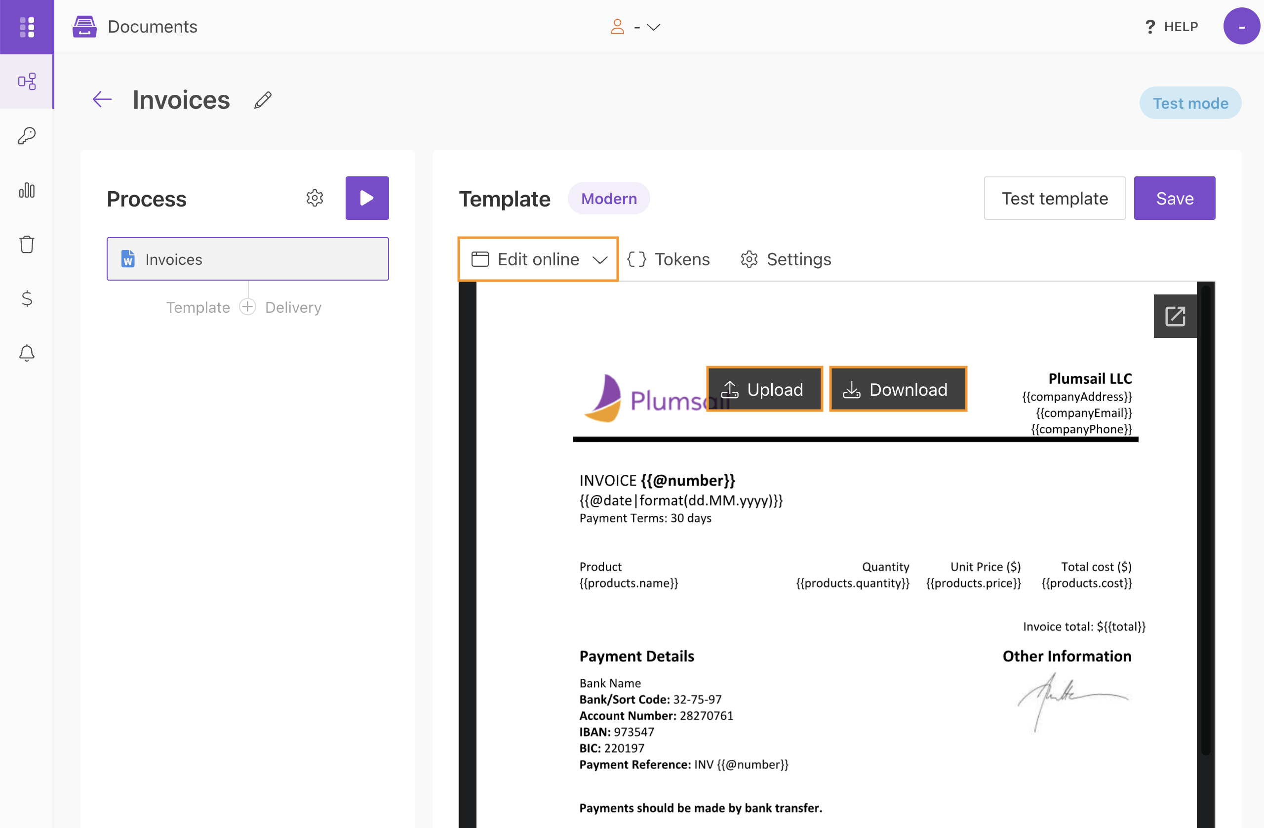Upload a DOCX template to a process using the Modern template engine