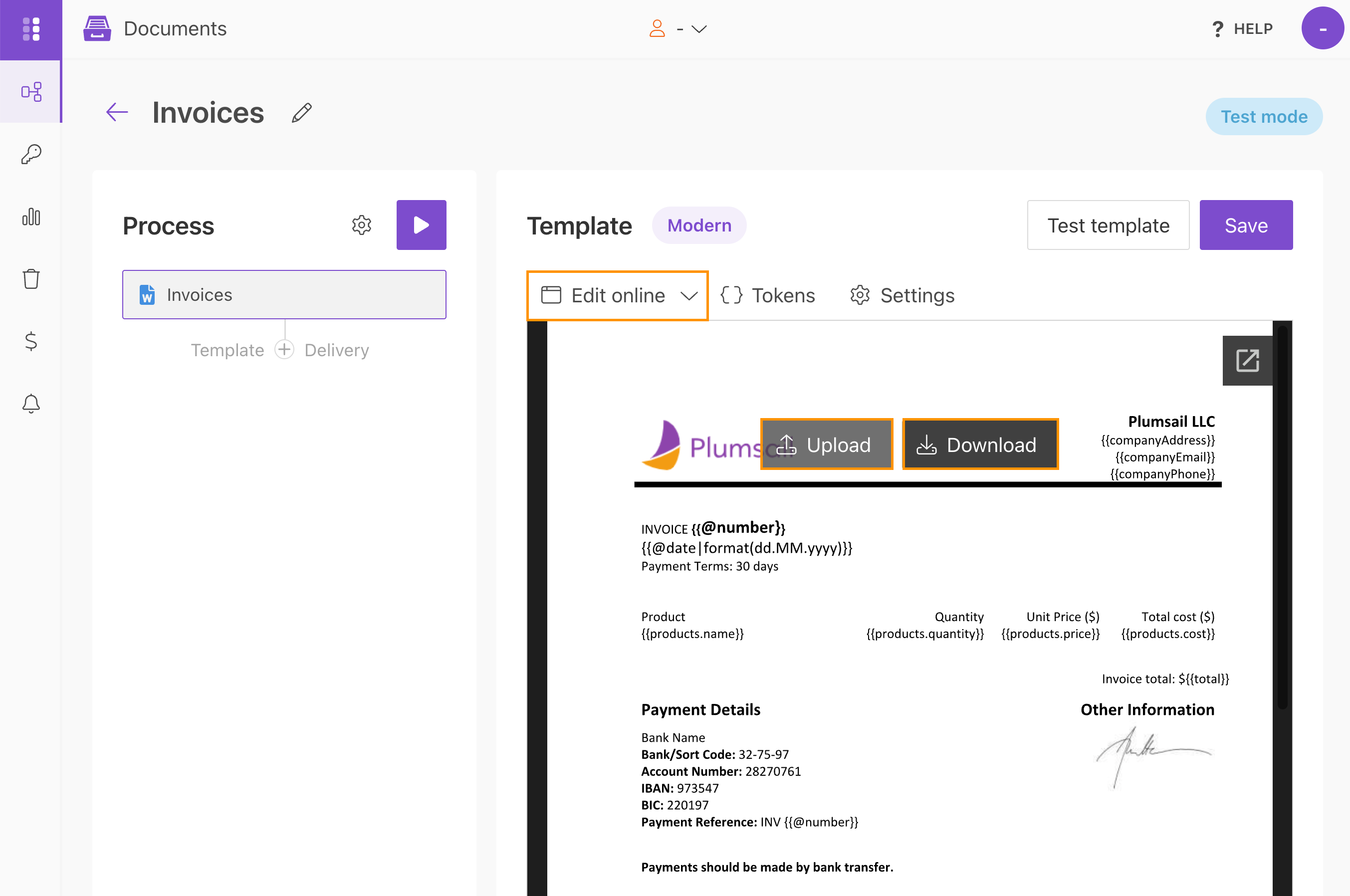Upload a DOCX template to a process using the Modern template engine