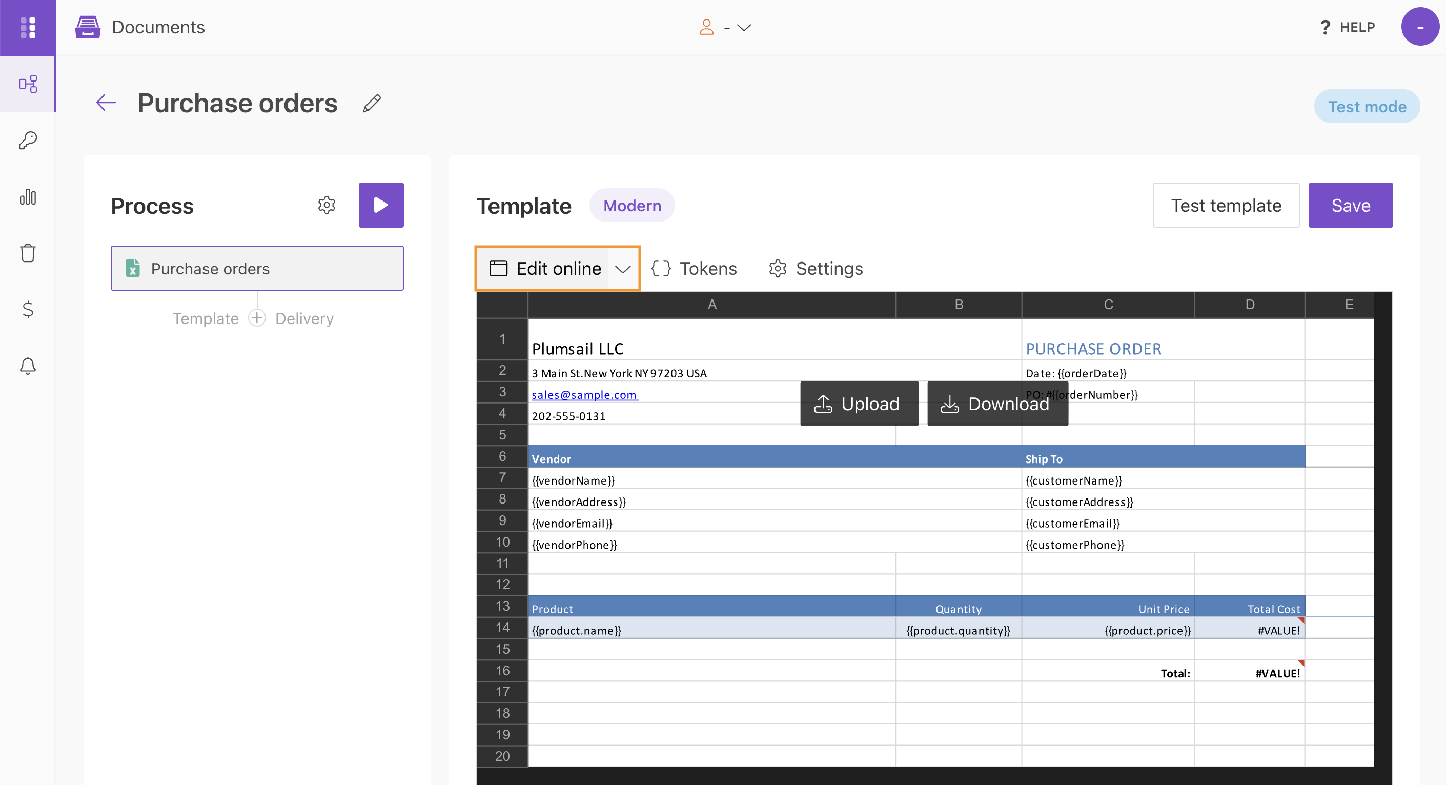 Edit online an XLSX template in the Plumsail Documents process