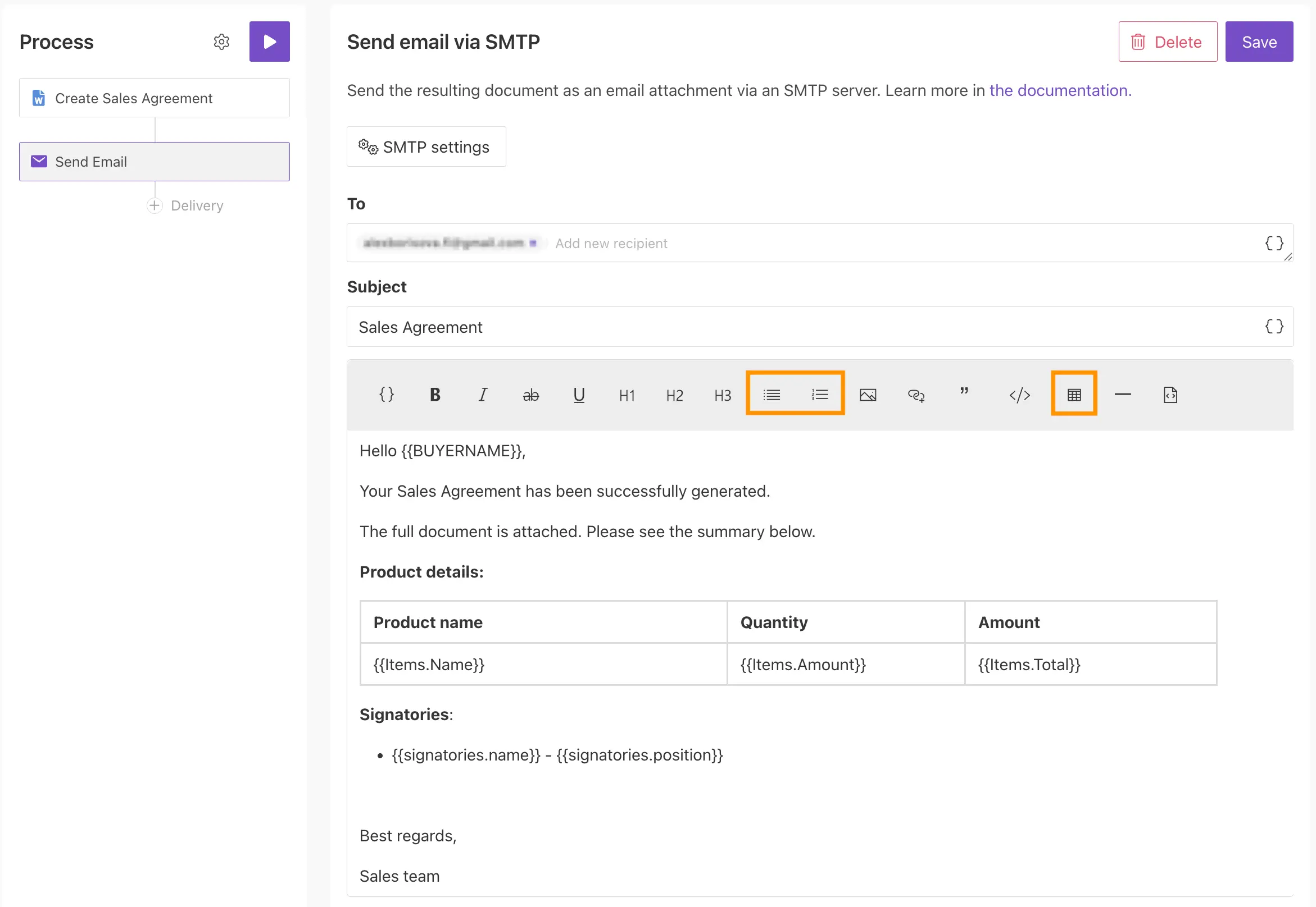 Email body content formatting with tokens data