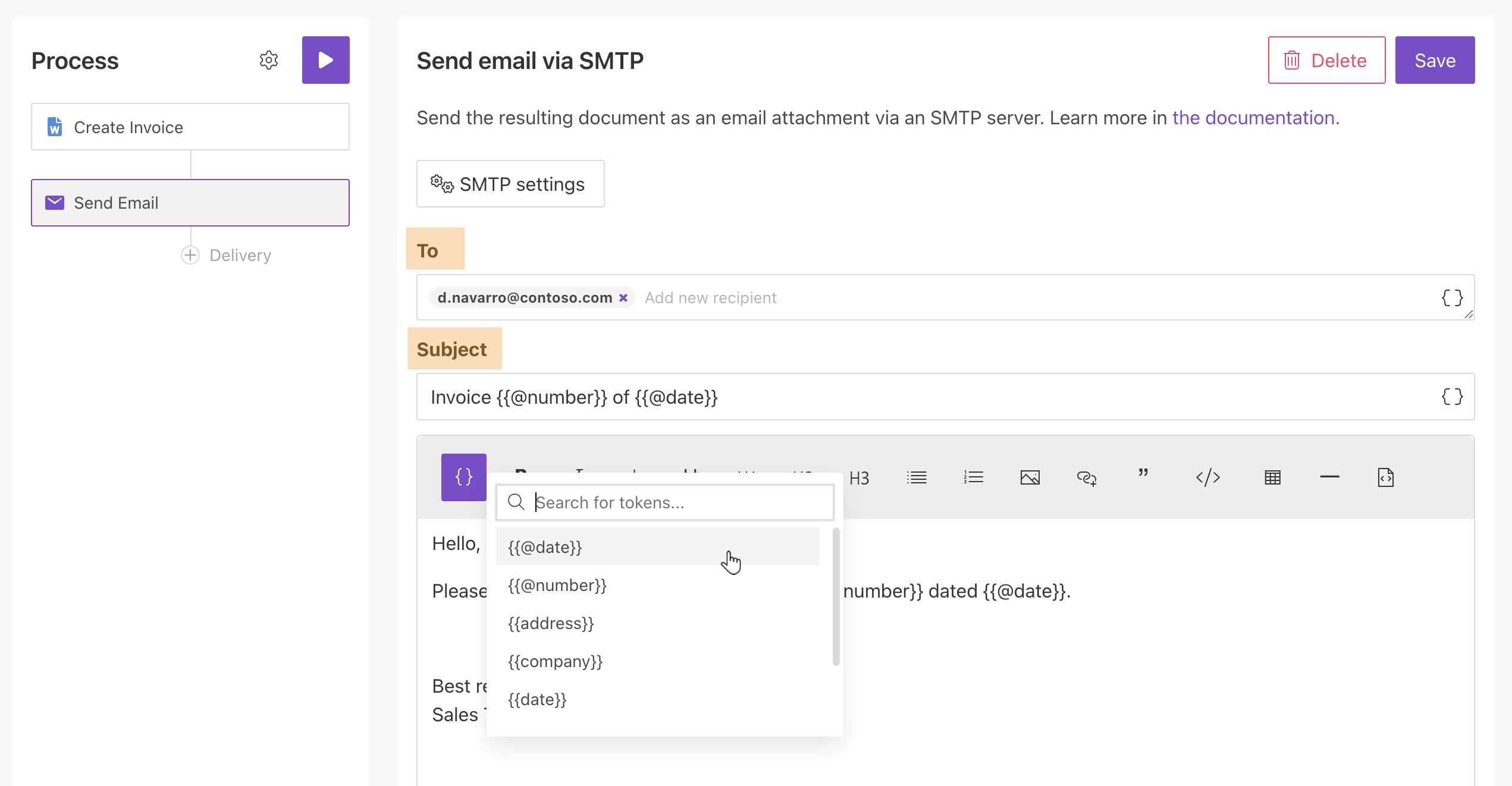 Email SMTP delivery example