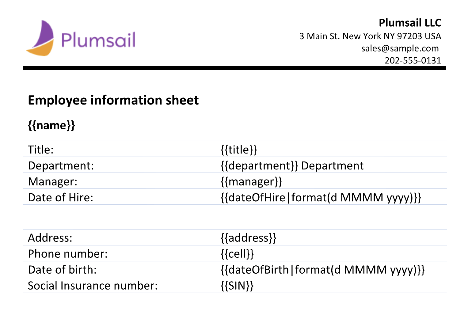 Employee information DOCX template for document generation