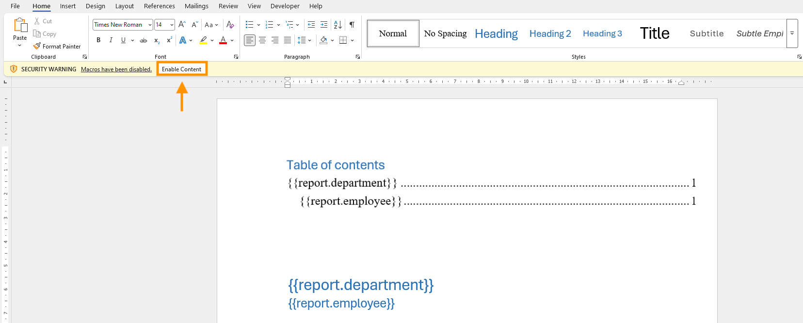 Microsoft Word security notification prompting the user to enable content and macros to update the table of contents
