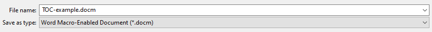 Microsoft Word Save As dialog with Word Macro-Enabled Document (*.docm) selected as the file type