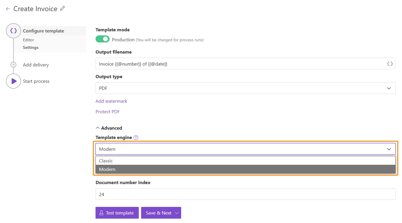 Switch 'Template engine' to 'Modern' and save the process