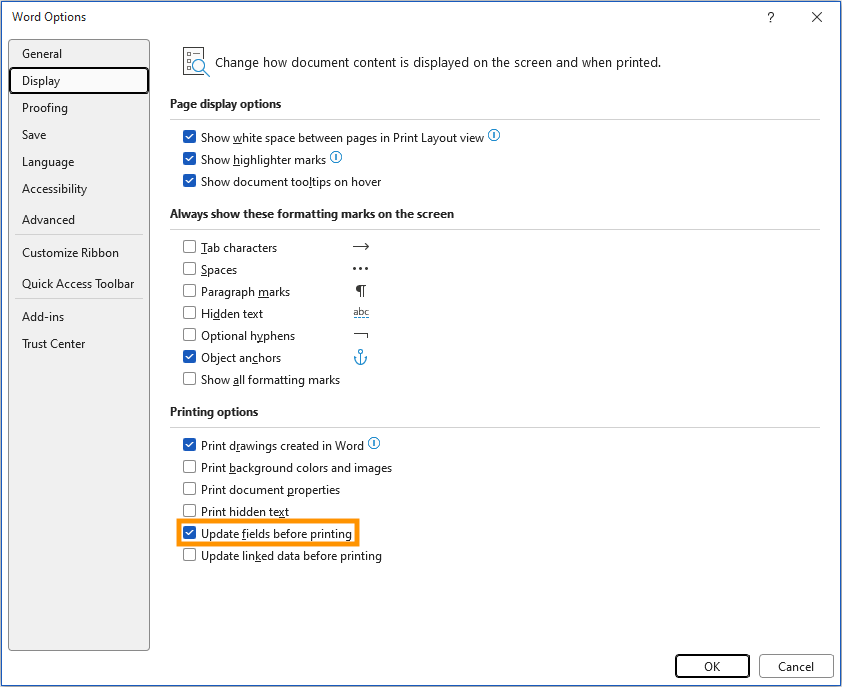 Microsoft Word Display and Printing options with Update fields before printing enabled for the table of contents