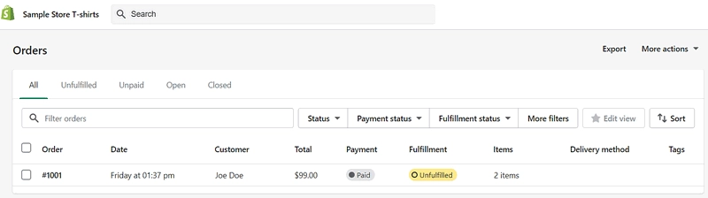 Example order in the Shopify admin interface used to test the New Order trigger