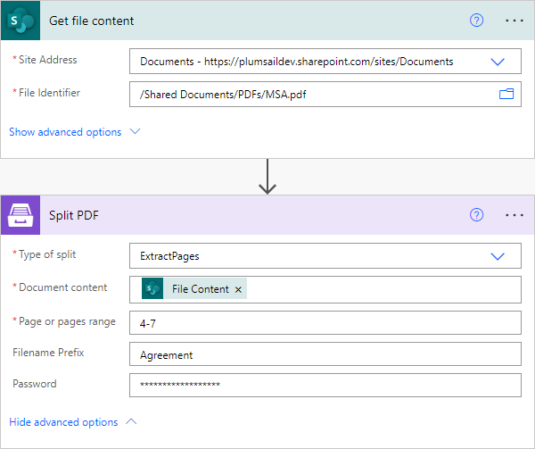 Extract PDF pages settings