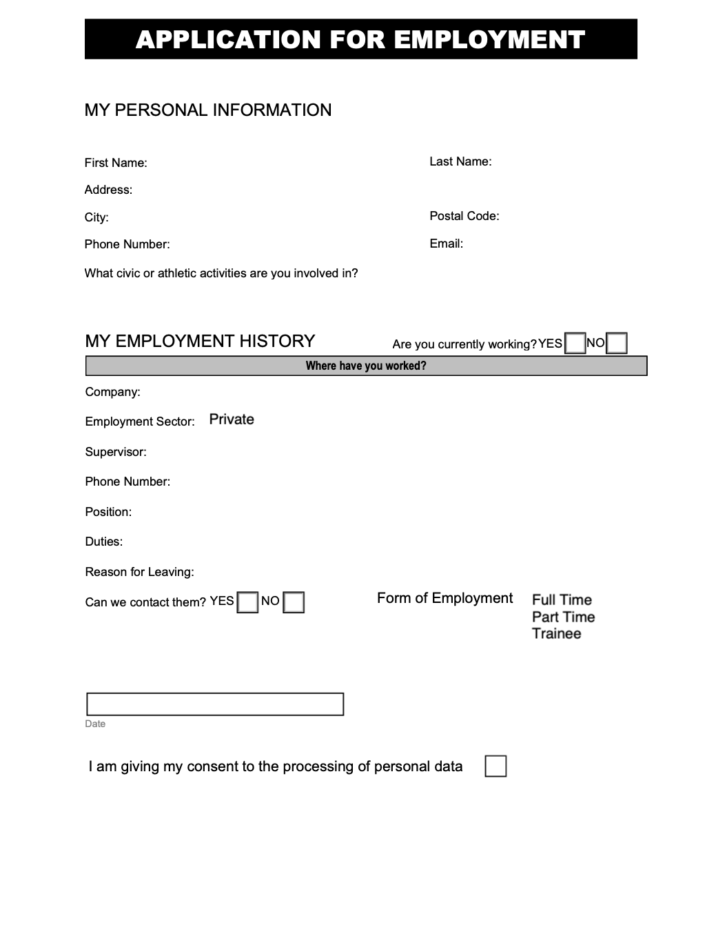 Fillable employment application PDF template with editable form fields